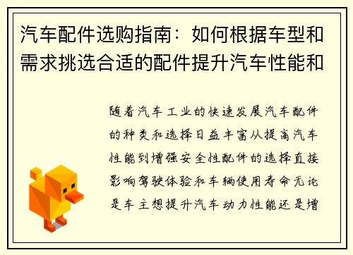 汽车配件选购指南：如何根据车型和需求挑选合适的配件提升汽车性能和安全性