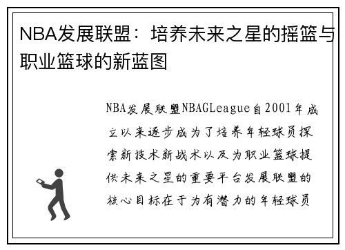 NBA发展联盟：培养未来之星的摇篮与职业篮球的新蓝图